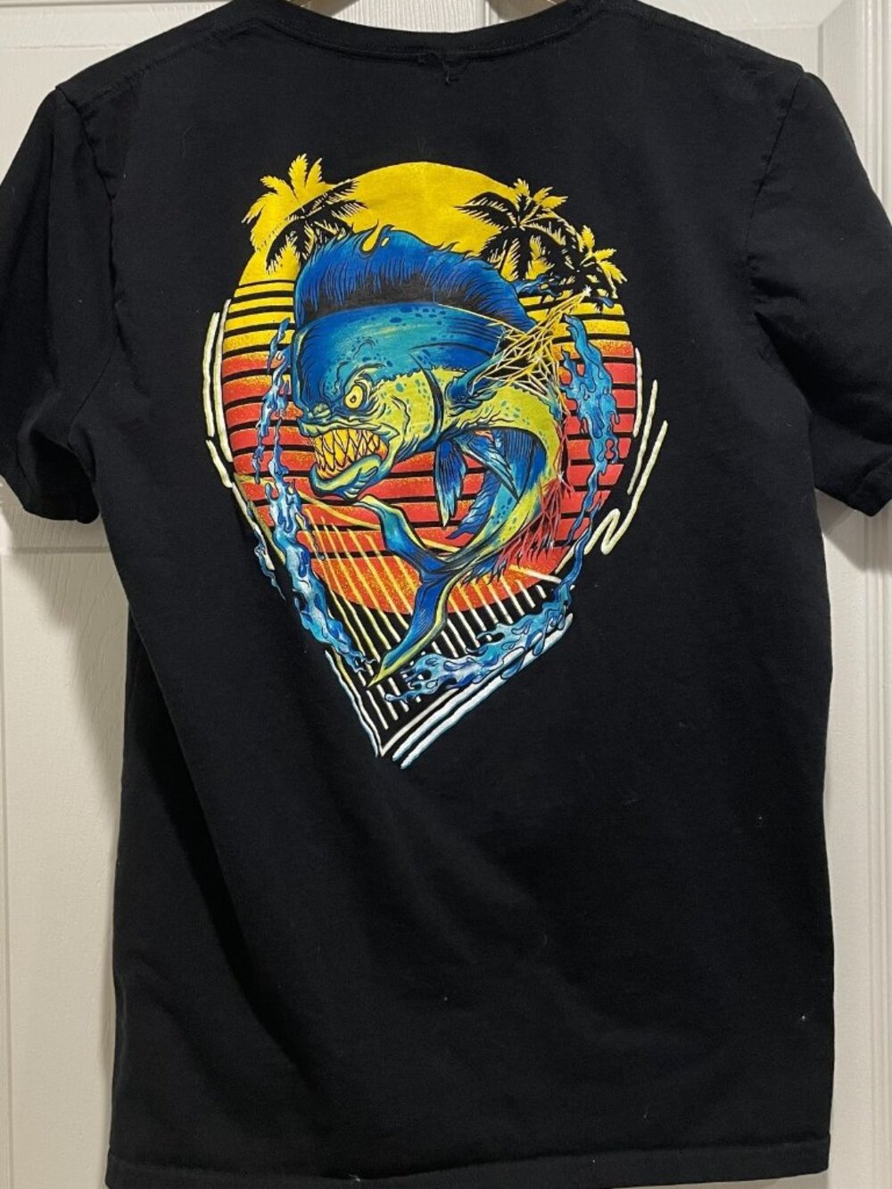 Cozumel Mexico Dorado Fish Graphic Tee Men's Size L Black Double Sided T-Shirt